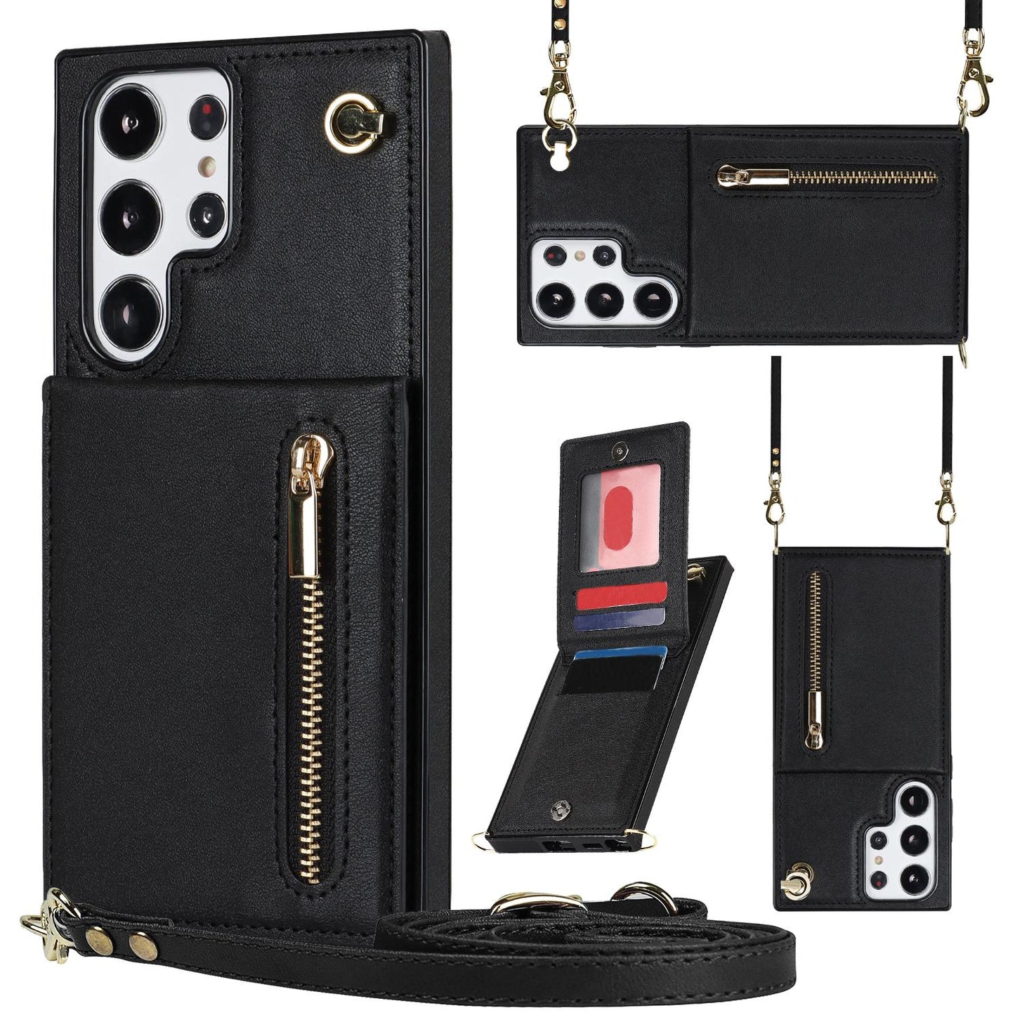 Crossbody Wallet Case Case For Samsung Galaxy S24 S23 S22 Plus Note 20 Ultra With Card Slot Holder, Magnetic Flip Folio Purse Case, PU Leather Zipper Handbag With Detachable Lanyard Strap