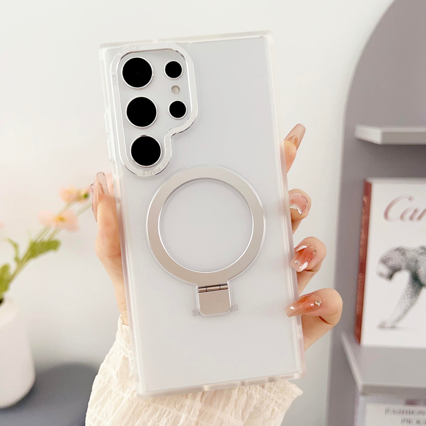 For Samsung S24Ultra S24Plus S24 S23Ultra S23Plus S23 Case, Clear Matte Magnetic Kickstand, Luxury Elegant Support Wireless Charging Case Foldable Magnetic Pop Stand Camera Protection Cover