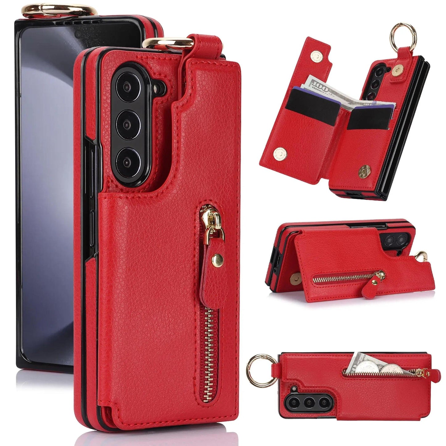 Folding Card Bag Finger Ring Leather Stand Case for Samsung Galaxy Z Fold 3 4 5 6 5G ZFold6 Zipper Wallet  Business ZFold5 Cover