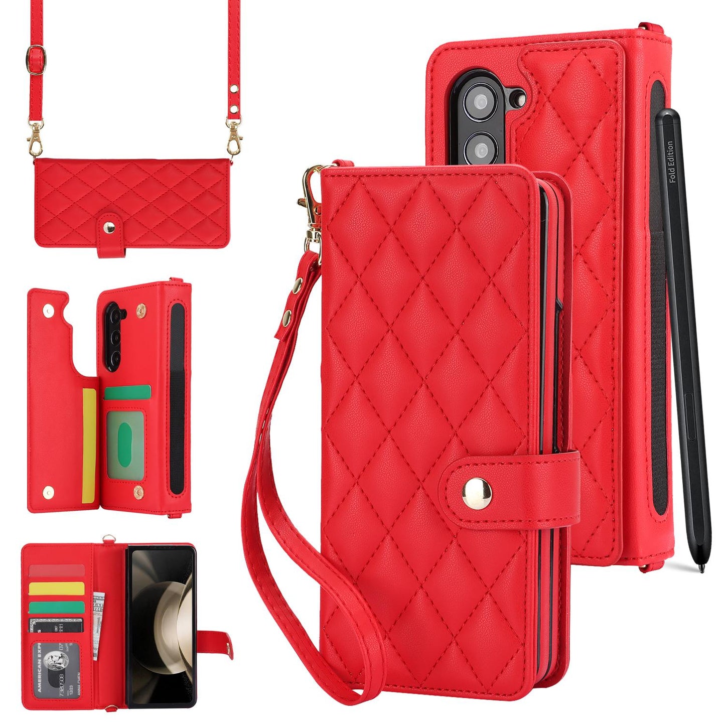 Crossbody Leather with Pen Slot Phone Case for Samsung Galaxy Z Fold 5 4 Fold5 Fold4 Fold3 Wrist Strap Wallet Card Holder Cover