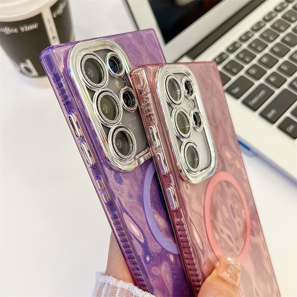 For Samsung S25 S24 S23 A16 A15 A25 A35 A36 A54 A55 A56 Phone Case, Electroplating Magnetic Laser Flow Silk Pattern Acrylic Slim With Glitter Len Protector, Protection Non-Yellowing Hard Cover