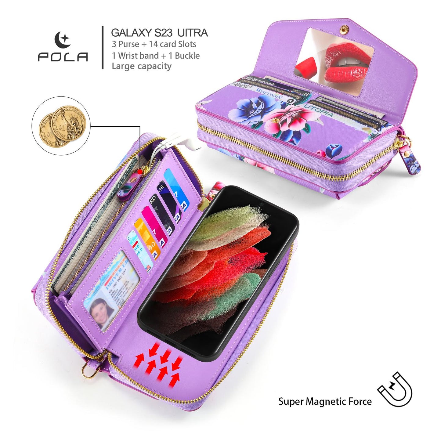 Flower Leather Magnetic Wallet Upgrade Hand Strap Phone Case For Samsung Galaxy S23 Ultra S22 Plus Note 20 Ultra Multifunction Zipper Business Split Cover POLA 001