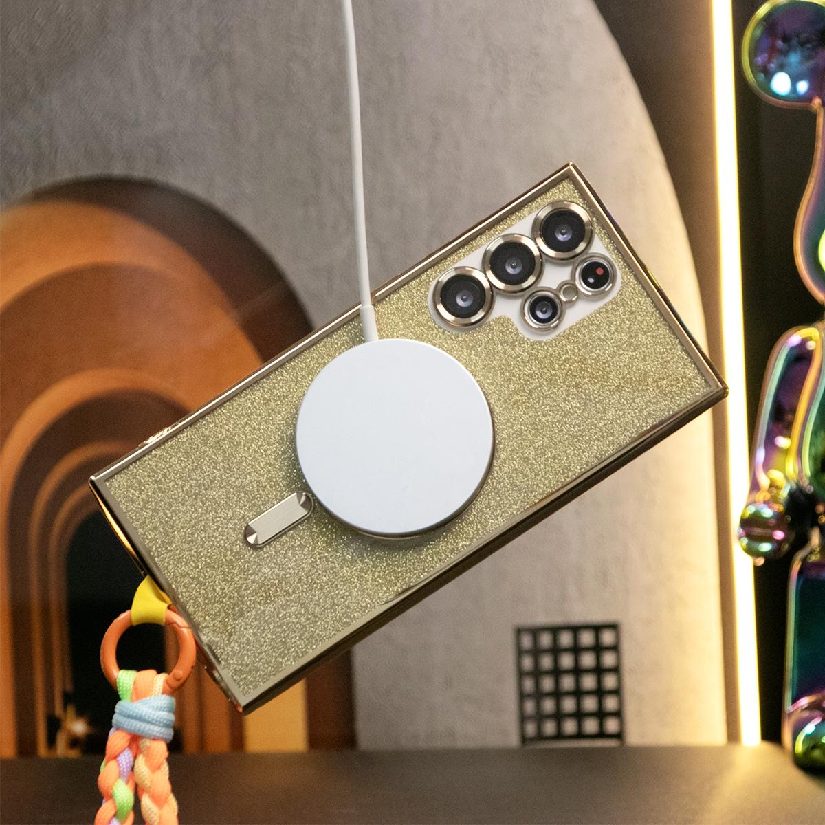 Luxury Glitter Magnetic Wireless Charge Transparent Soft Phone Case With Woven Wristband For Samsung S24 S23 S22 S21 Note20 Plus FE Ultra  With HD Camera Protection Slim Thin Cover Non-Yellowing