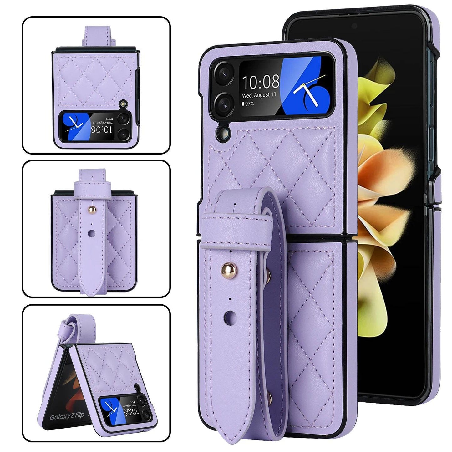 Leather Wristband Phone Case for Samsung Galaxy Z Flip 6 5 4 5G Flip5 Zflip4 Wrist Strap Thin Skin Feeling Shockproof Stand Cover