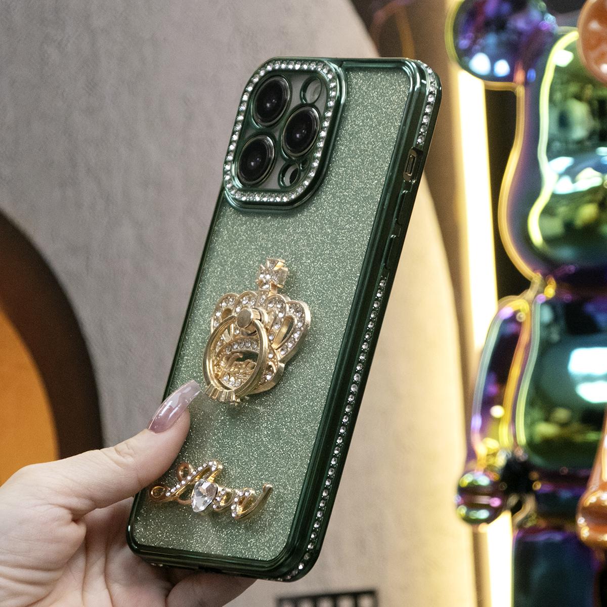 Plating Glitter Diamond Crown Ring Kickstand Phone Case For iPhone 16 15 14 13 12 11 Pro Max