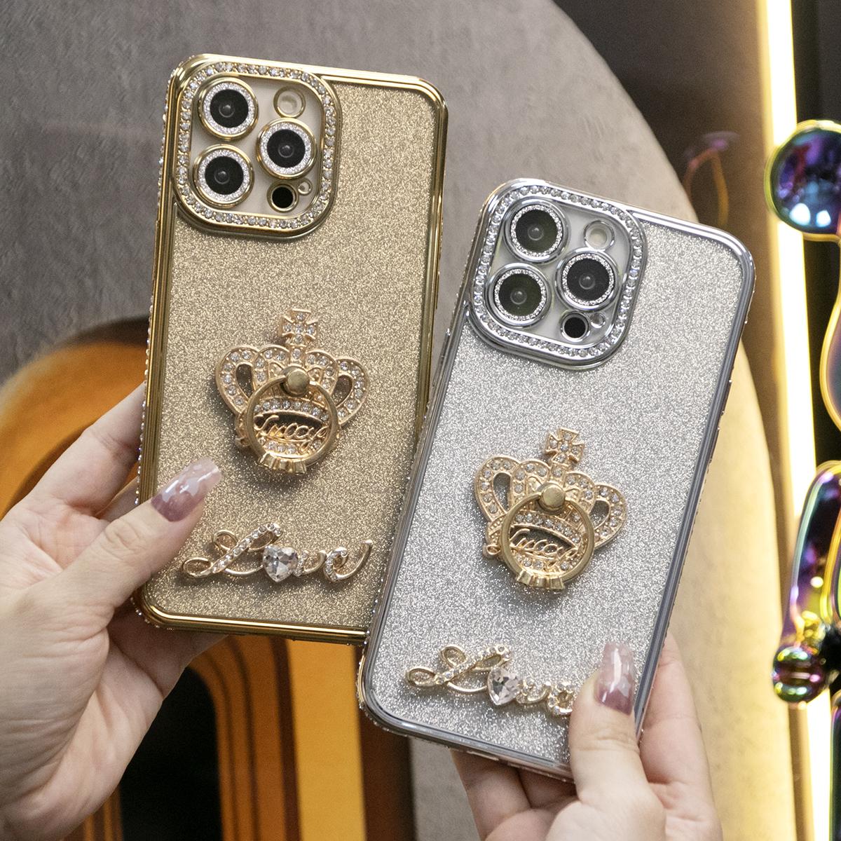 Plating Glitter Diamond Crown Ring Kickstand Phone Case For iPhone 16 15 14 13 12 11 Pro Max