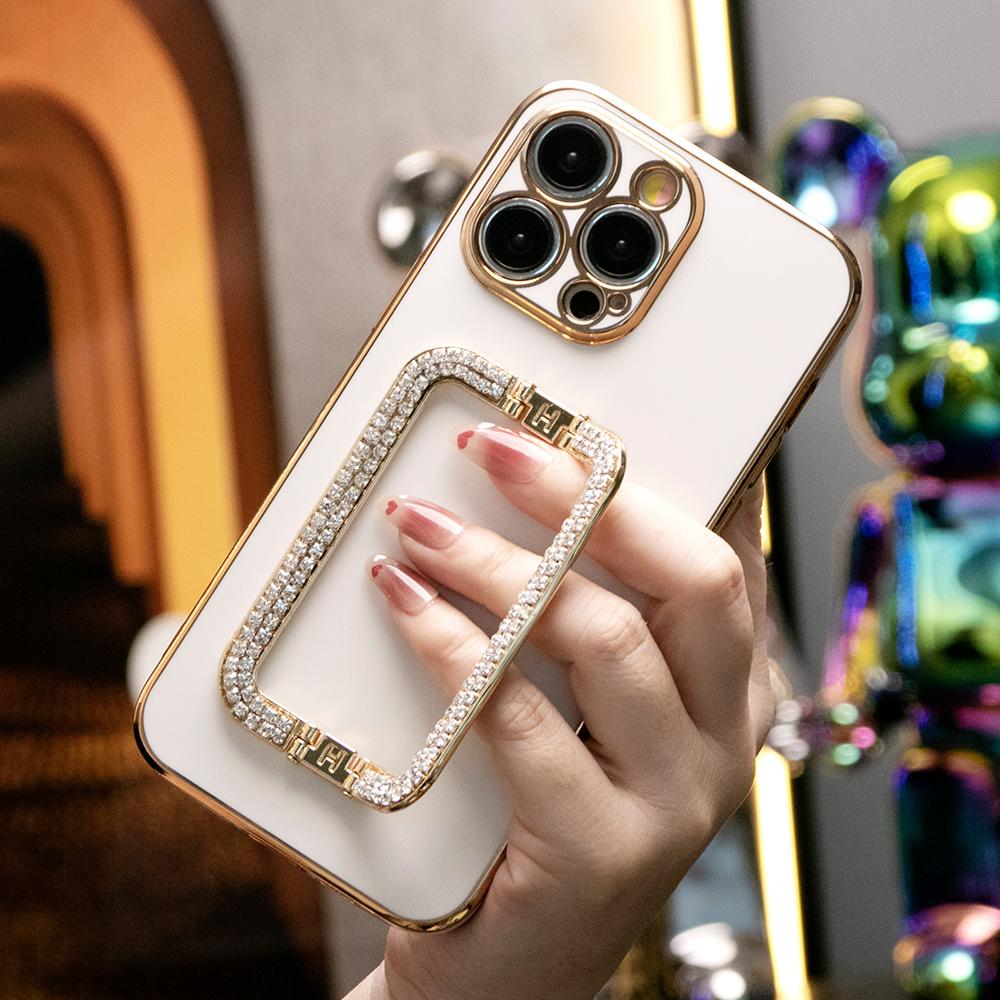 3D Crystal Square Holder Plating Phone Case for iPhone 16 15 14 13 12 Pro Max