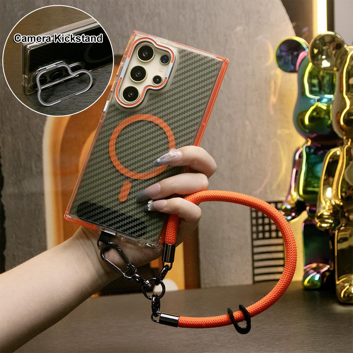 Magnetic Carbon Fiber Pattern Phone Case, Metal Hardware Camera Lens Stand Acrylic Cover, With Multifunctional Climbing Rope, Anti-Fall Bumper For Samsung S24 S23 S21 Ultra FE A14 A15 A24 A25 A35 A54 A55 A05