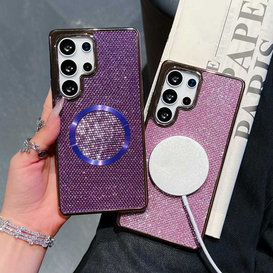 For Samsung S25Ultra S25 S24 S23 S22 Phone Case, Luxury Slim Glitter Magnetic Pattern Plating Matte Leather Len Protection Shockproof Hard Full Cover