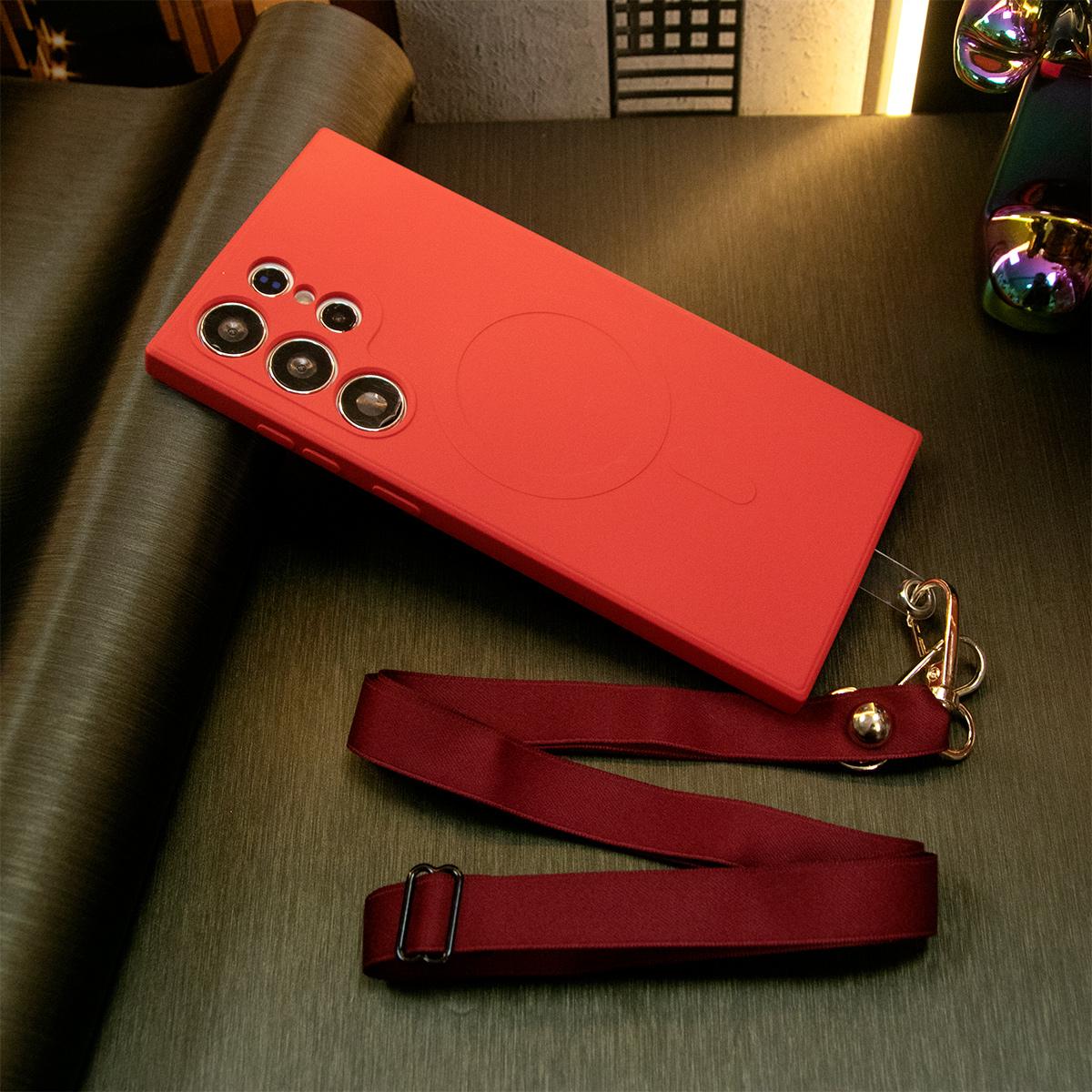 Strong Magnetic Case With Lanyard For Samsung S22 S23 S24 Plus FE Ultra , Compatible with MagSafe, Soft Liquid Silicone Shockproof Phone Case With Microfiber Lining