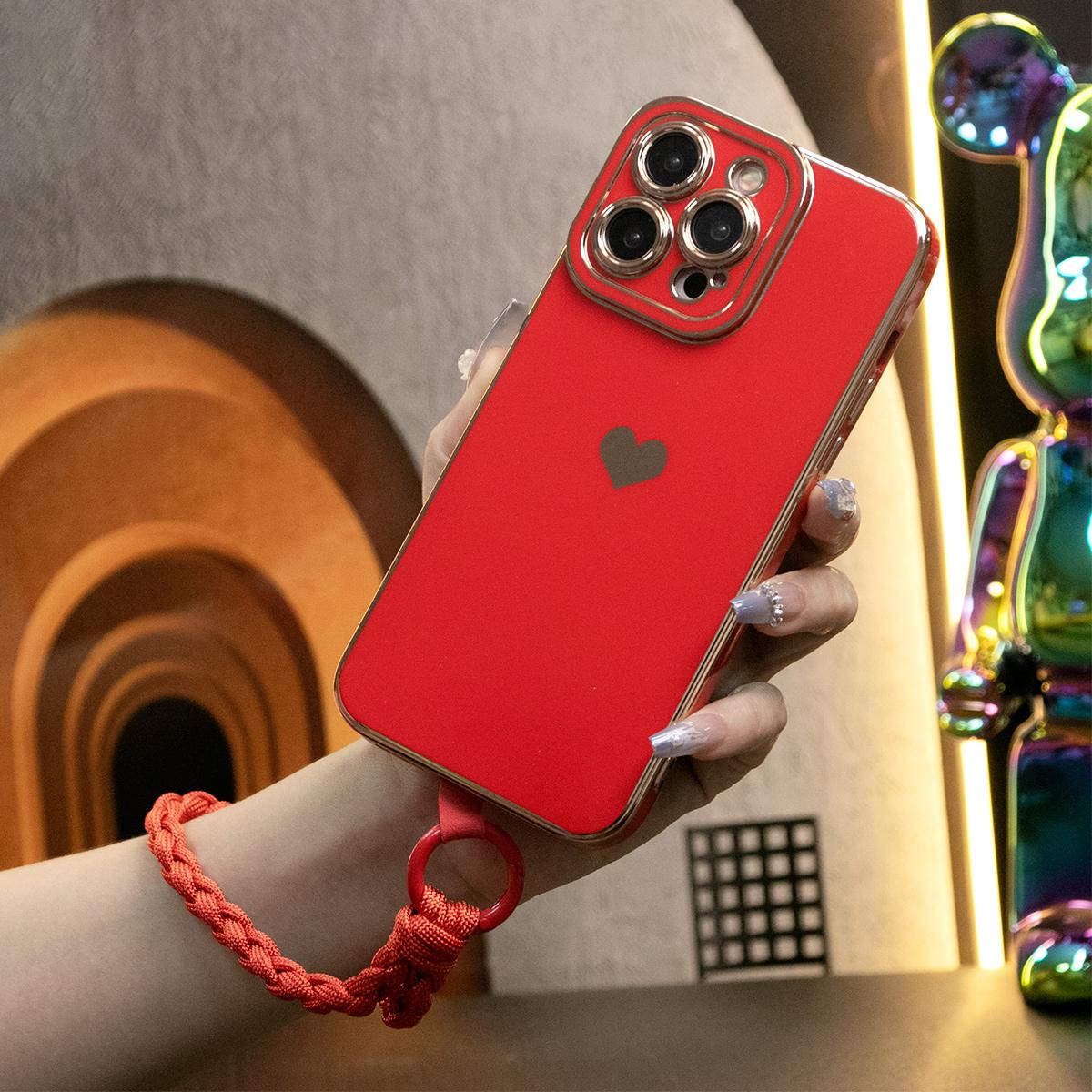 Luxury Love Heart Side Pattern Plating Phone Case with Woven Wristband For iPhone 16 15 14 13 12 Pro Max Back Cover