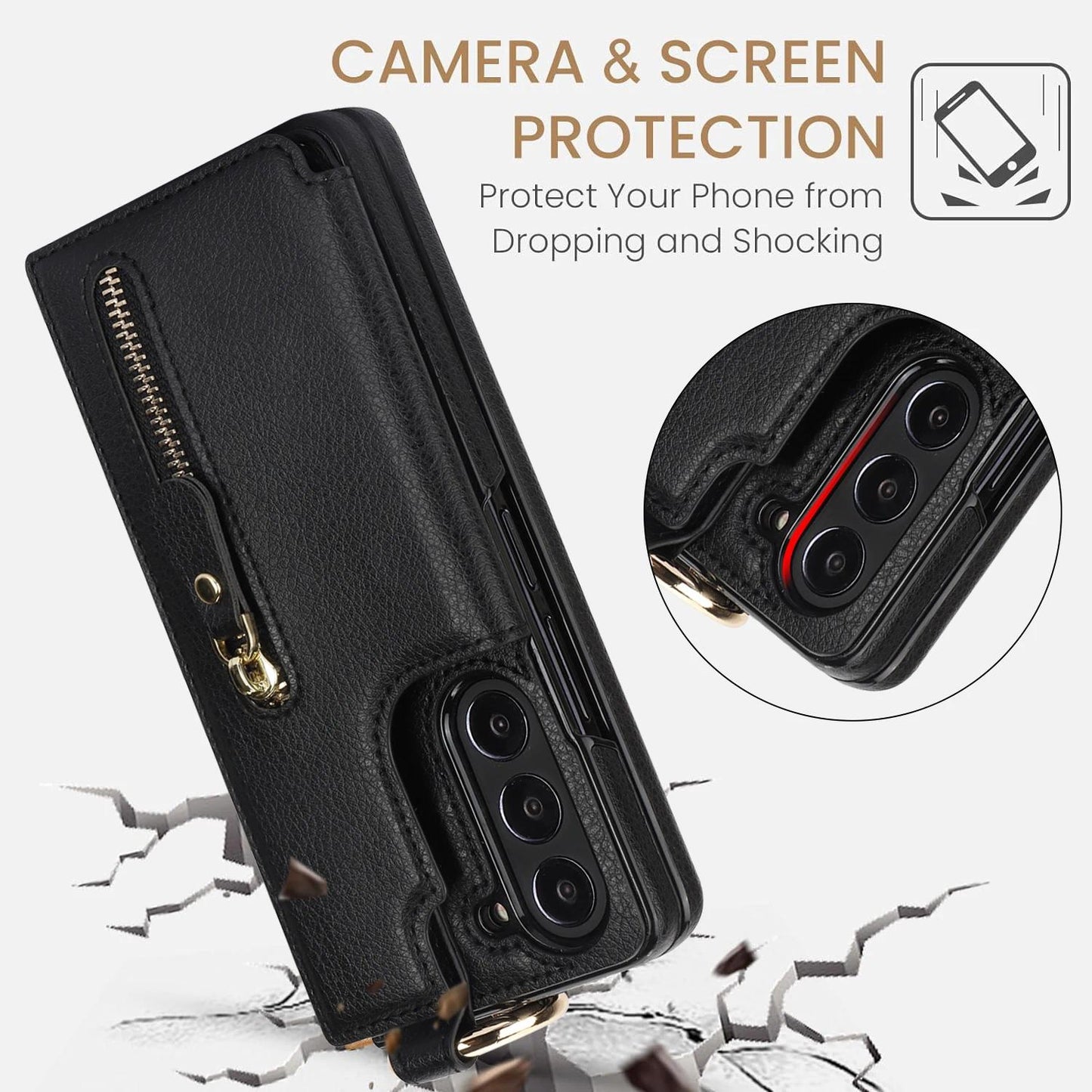Folding Card Bag Finger Ring Leather Stand Case for Samsung Galaxy Z Fold 3 4 5 6 5G ZFold6 Zipper Wallet  Business ZFold5 Cover