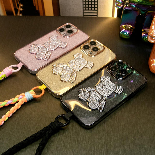 For iPhone 16 15 14 13 12 11 Pro Max Bling Glitter Case With Woven Wristband, Rhinestone Bear, Glitter Clear Plating Electroplate Luxury Elegant Case Slim Fit Shockproof Soft Cover