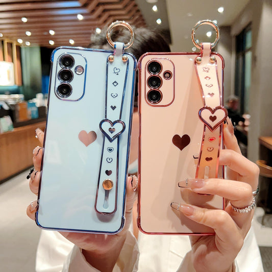 Plating Love Heart TPU Phone Case with Wristband For Samsung S25Ultra S24 S23 S22 S21 Shockproof Soft Full Cover