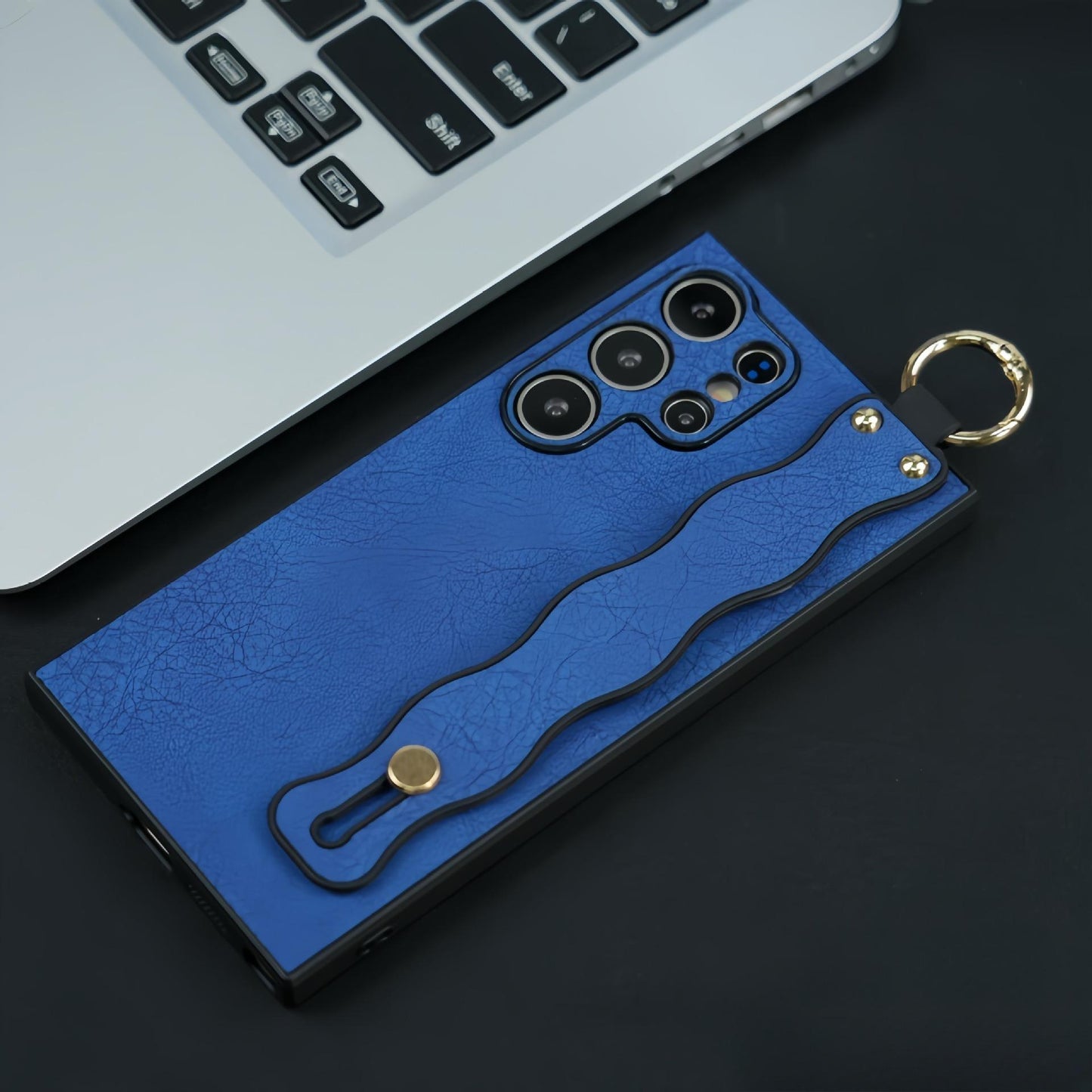 For Samsung S25Ultra S25 S24 S23 S22 S21 Case With Wave Wristband, Matte Durable Faux Leather Kickstand Shockproof Phone Case