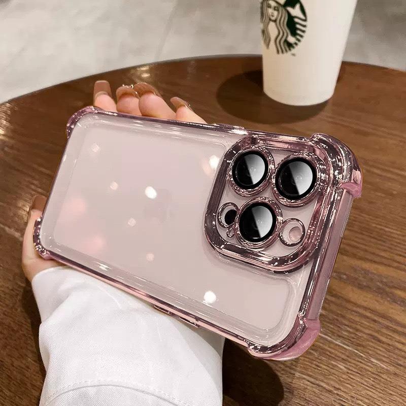For iPhone 16 15 14 13 Phone Case, Luxury Four Corner Plating Clear High Definition Acrylic Built-in Camera Protector Shockproof Hard Full Cover