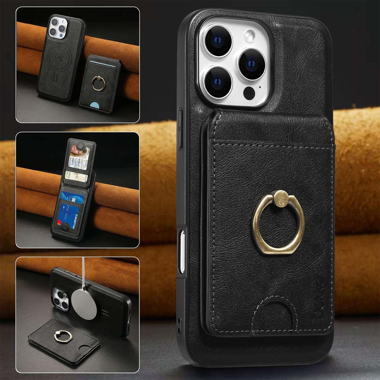 For iPhone 16ProMax 16 15 14 13 12 Leather Phone Case with Strong Magnetic Wallet Ring Stand, Anti-Fall Card Bag Kickstand for Magsafe Shockproof Business Hard Full Cover