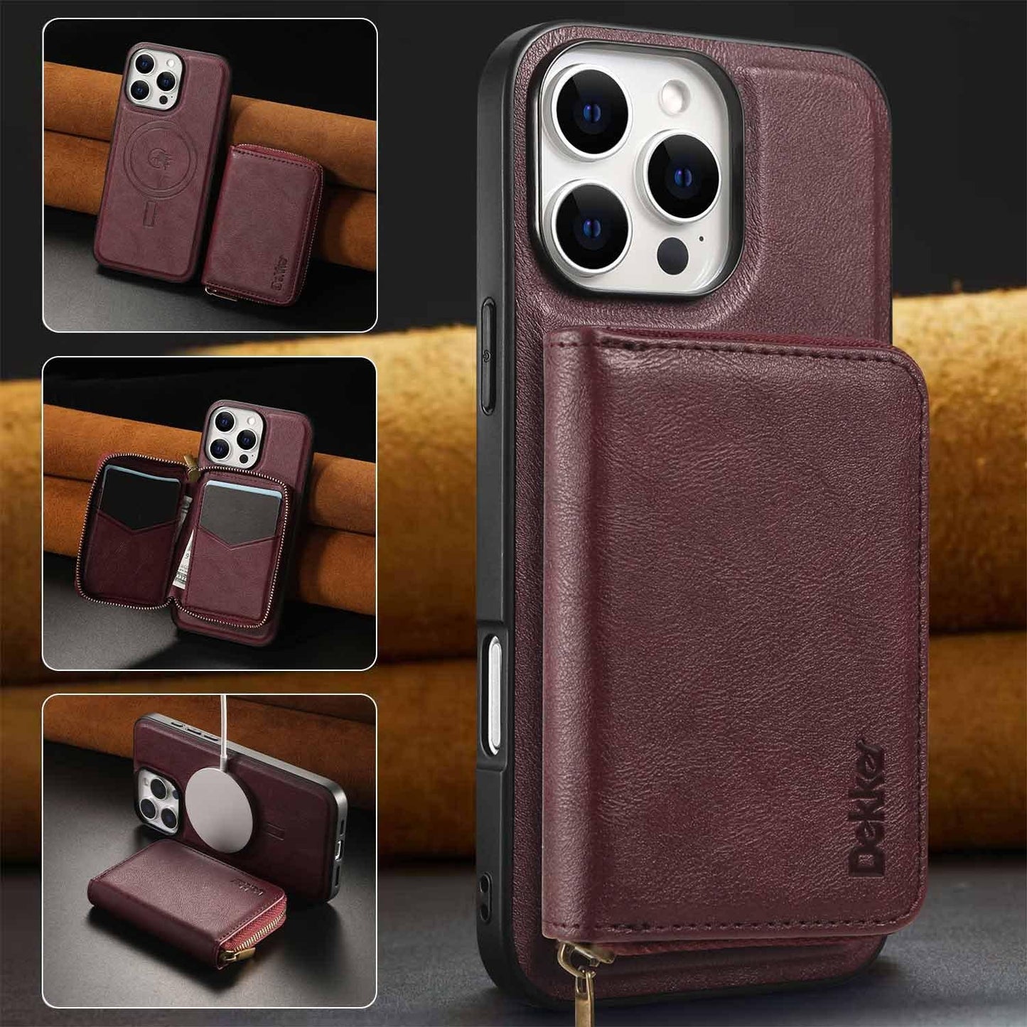 For iPhone 16ProMax 16 15 14 13 12 Leather Phone Case with Strong Magnetic Wallet, Anti-Fall Card Bag Kickstand for Magsafe Shockproof Business Hard Full Cover