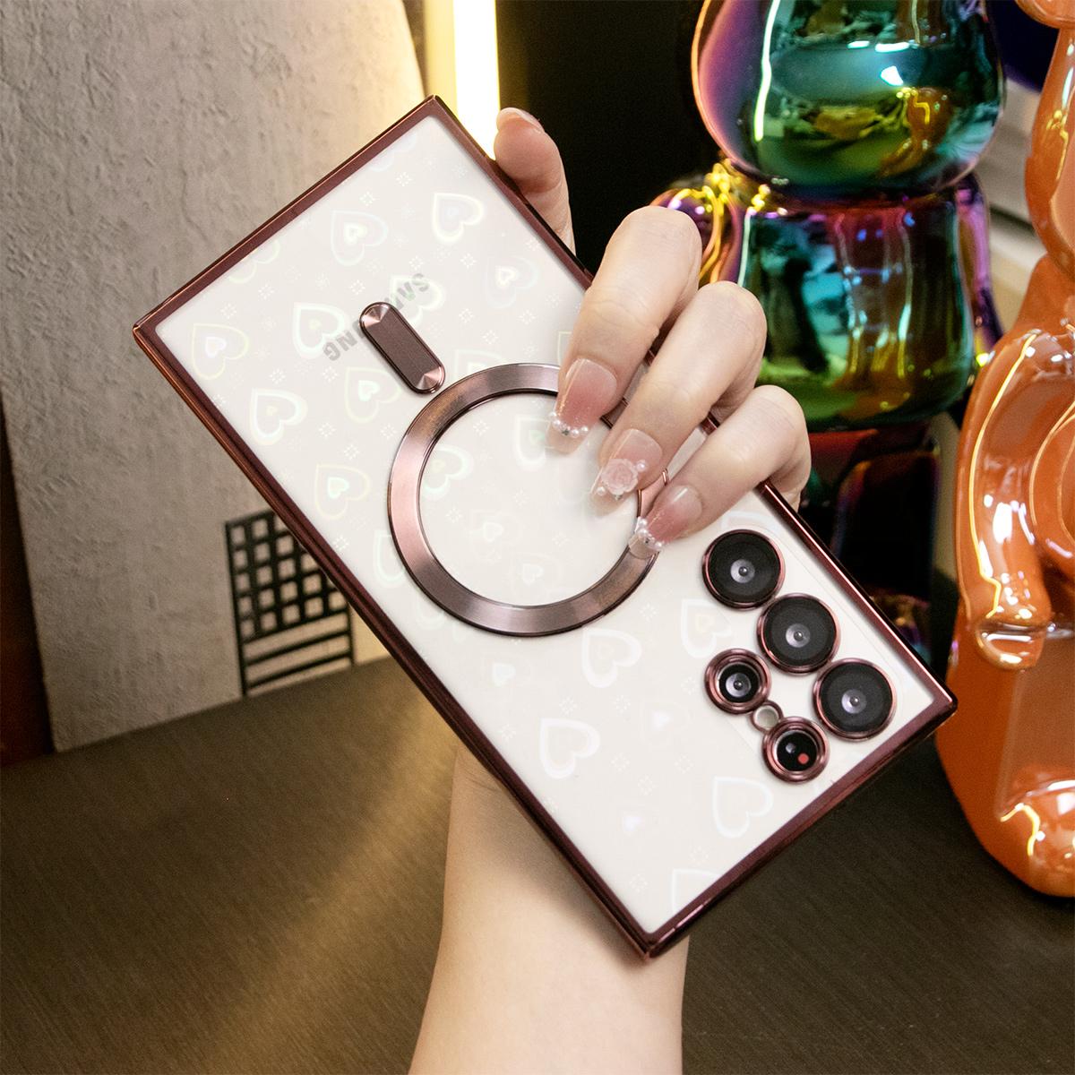 Clear Magnetic Phone Case for Samsung S24 S23 S22 Plus Ultra Case, Clear Laser Love Heart Paper, Glitter Luxury Elegant Soft Case