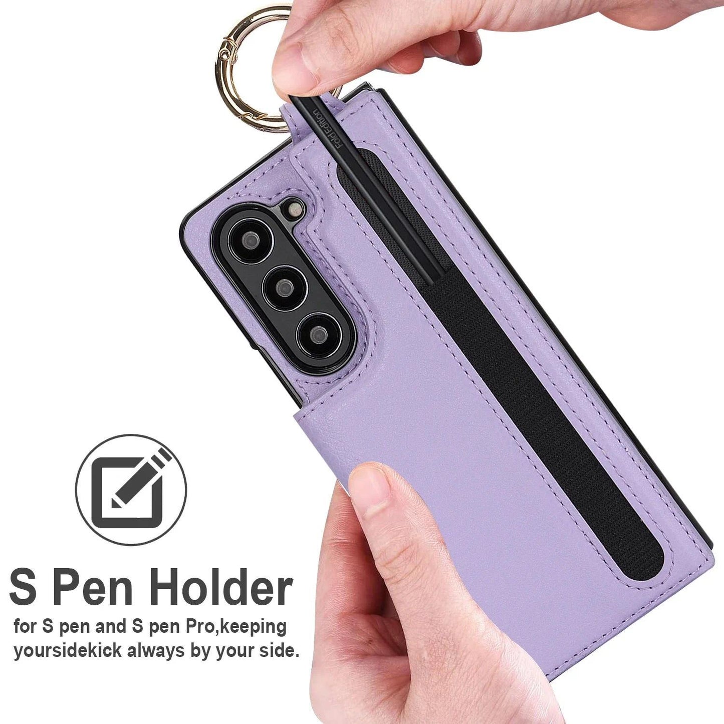 PU Leather Ring Phone Case for Samsung Galaxy Z Fold 6 5 4 3 Fold5 Fold4 Fold3 5G Wallet with Pen Holder & Card Slot (No Pen)