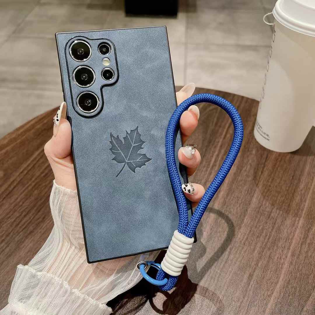 For Samsung S25Ultra S25Edge S24 S23 S22 S21 Note20 A16 A26 A36 A55 A56 Case With Weave Wristband, Maple Leaf Pattern Matte Suede Leather Shockproof Hard Phone Case