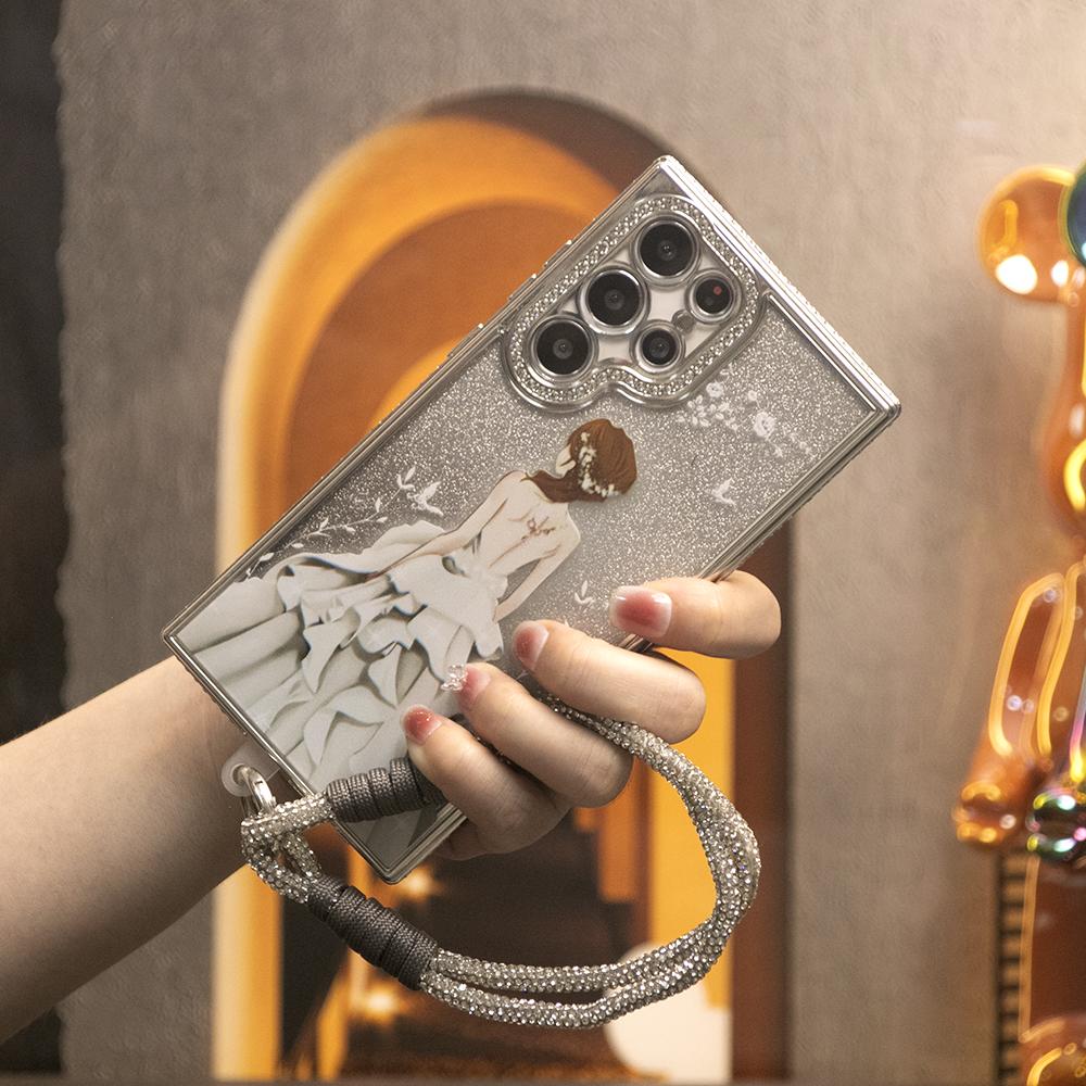 For Samsung S25Ultra S25 S24 S23 S22 Case with Woven Diamond Wristband, Gradient Rhinestone Goddess Glitter Luxury Elegant Plating Case Camera Protection Shockproof Hard Cover