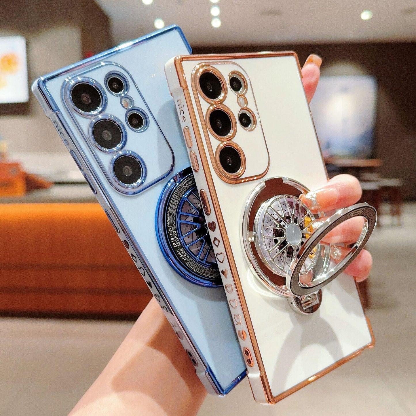 Plating Love Heart TPU Phone Case with Metal Rotating Magnetic Kickstand For Samsung S25Ultra S24 S23 S22 S21 Shockproof Support Wireless Charging Soft Full Cover