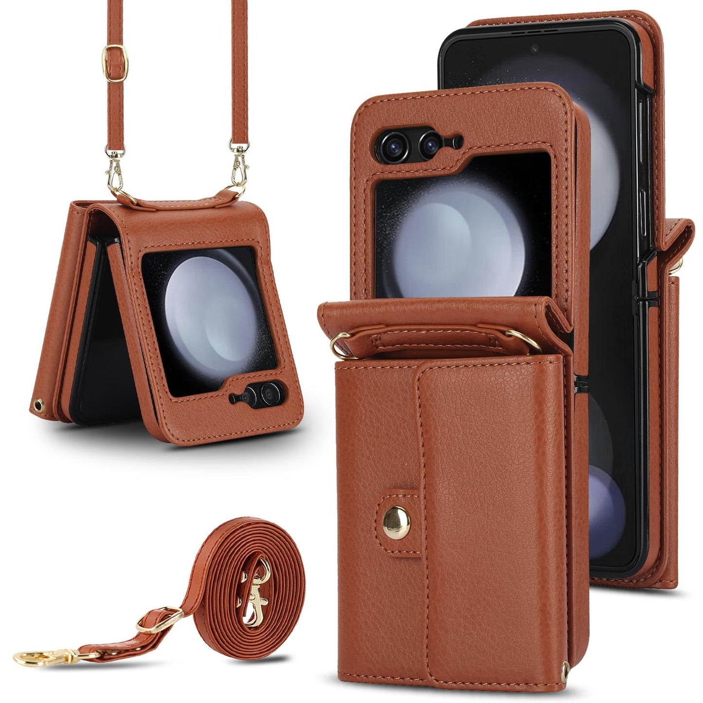 Crossbody Wrist Strap Leather with Card Holder Phone Case for Samsung Galaxy Z Flip 6 5 4 3 Flip6 Flip5 Flip4 Flip3 Wallet Cover
