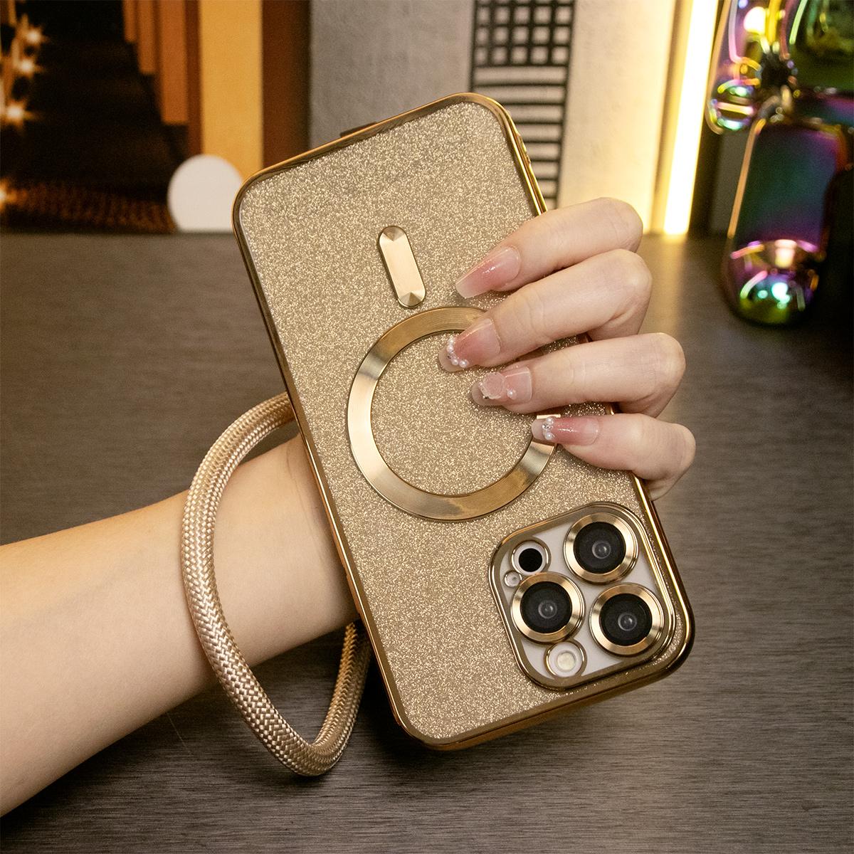 Glitter Magnetic Wireless Charge Transparent Soft Phone Case With Multifunctional Climbing Rope For iPhone 16 15 14 13 12 11 Pro Max