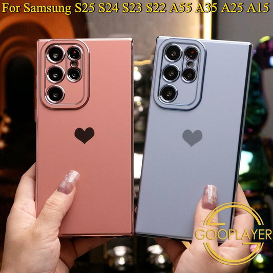 Luxury Love Heart Side Pattern Plating Basic Phone Case For Samsung S25Ultra S25 S24Ultra S24FE S24 S23 S22 S21Ultra FE Plus Ultra A55 A35 A25 A16 A15