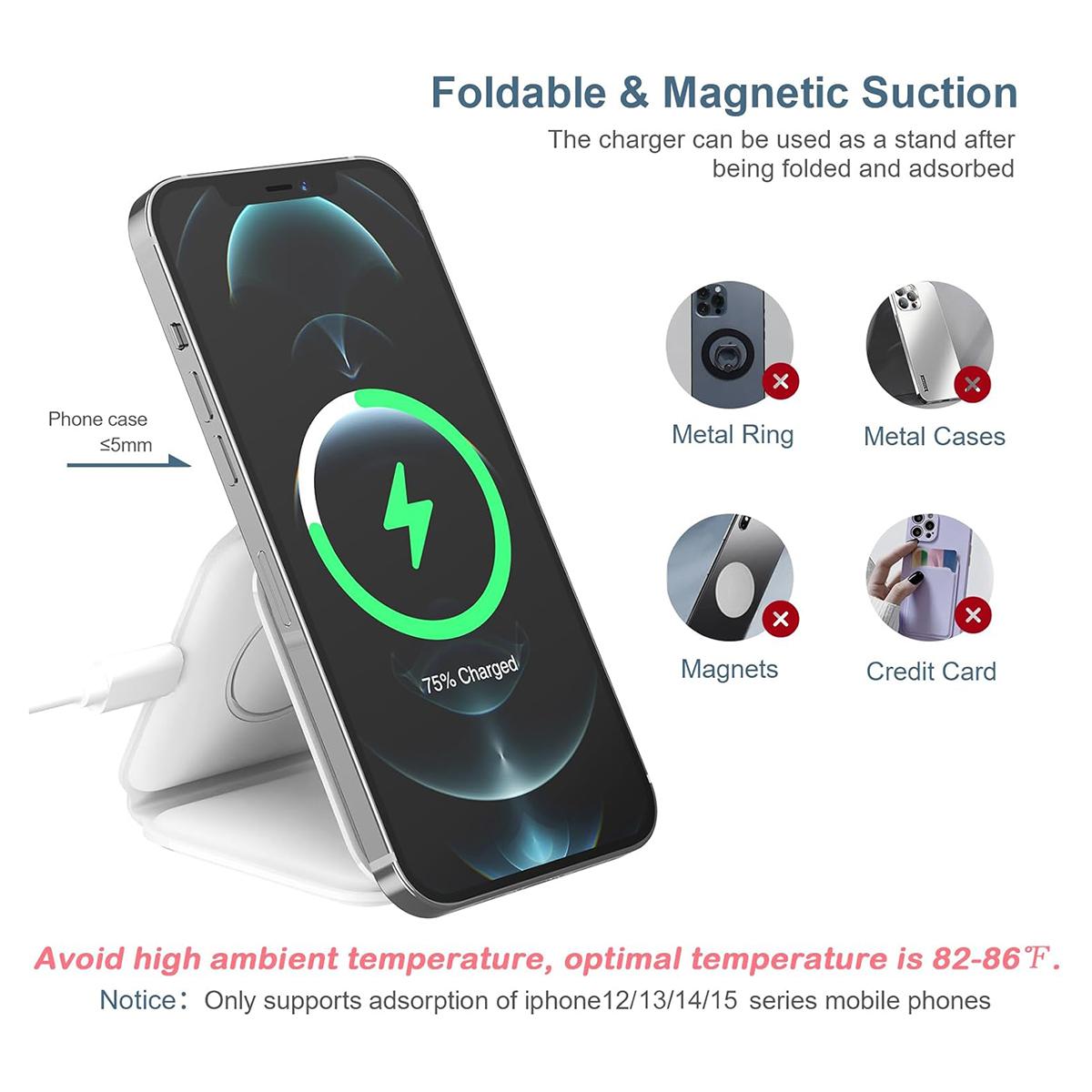 3 in 1 Foldable Wireless Charger, Magnetic Fast Wireless Charging, Compatible with iPhone 16 15 14 13 12 Series,  For Apple Watch, For AirPods Pro (Adapter not Included)