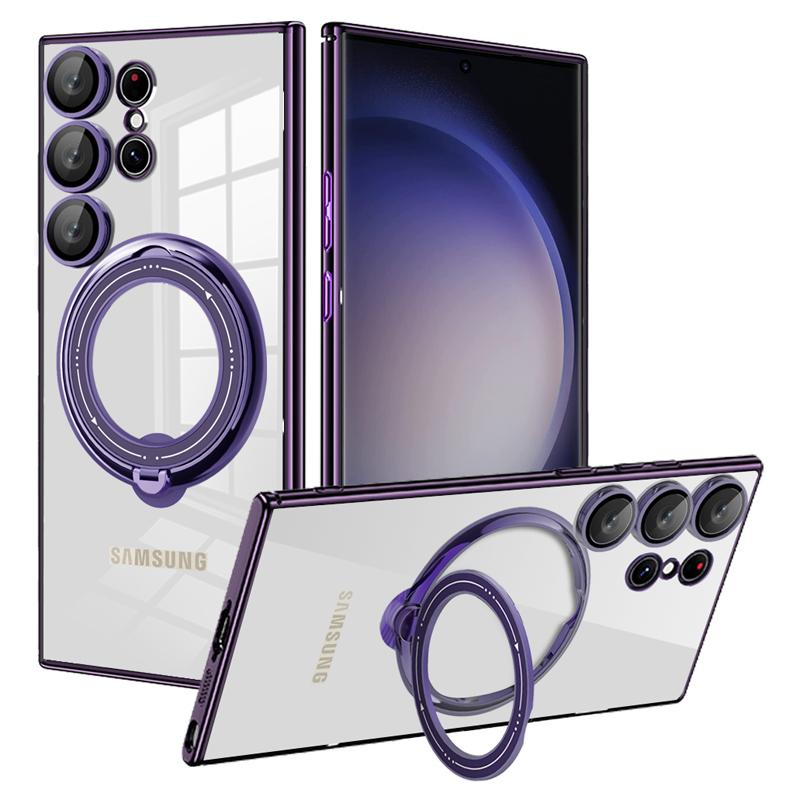 Clear Magnetic Kickstand Transparent Ring Case For Samsung S24 S23 S22 Ultra A54 A34 A14 with Lens Cover
