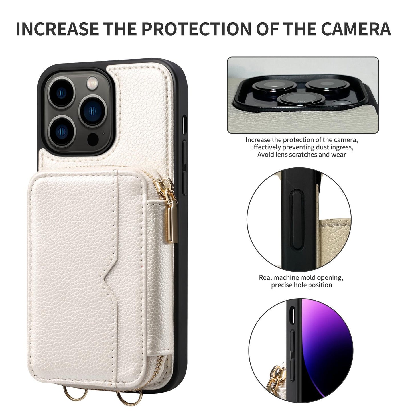 Zipper Crossbody Wallet Phone Case for iPhone 15 14 Plus 13 Pro Max Mirror Metal Chain Lanyard Card Slot Holder Leather Cover