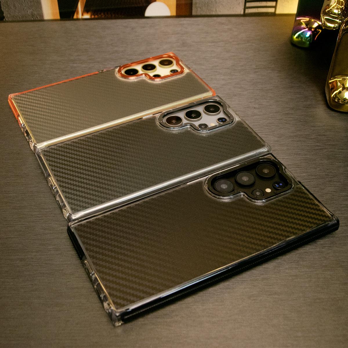 Carbon Fiber Pattern Phone Case, Metal Hardware Camera Protective Acrylic Cover, Clear No Yellow, With Shockproof  Anti-Fall Bumper For Samsung S24 S23 S21FE A14 A15 A24 A25 A35 A54 A55 A05