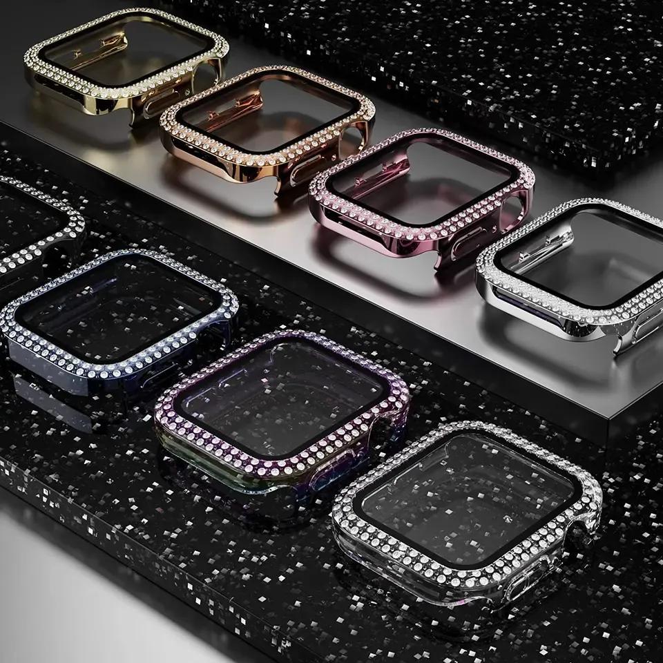 Coque en verre + diamant pour boîtier de montre Apple 40 mm 44 mm 41 mm 45 mm 38 mm 42 mm Bling Bumper Protector iWatch série 9 3 5 6 7 8 se