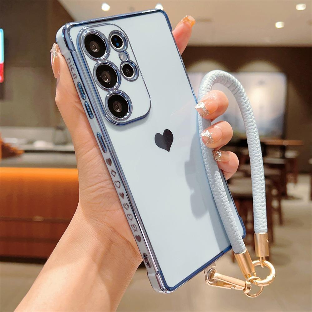 Plating Love Heart TPU Phone Case with Leather Wristband For Samsung S25Ultra S24 S23 S22 S21 Shockproof Soft Full Cover