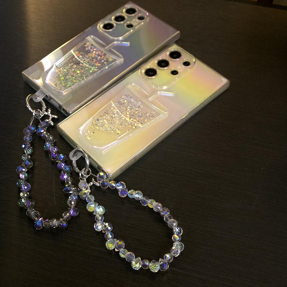 For Samsung S22 S23 S24 Ultra Case with Diamond Wristband, Flowing Liquid Sparkling Bling Glitter Cup Style Fun Sparkle Quicksand Design Transparent Soft TPU Protective Clear Case