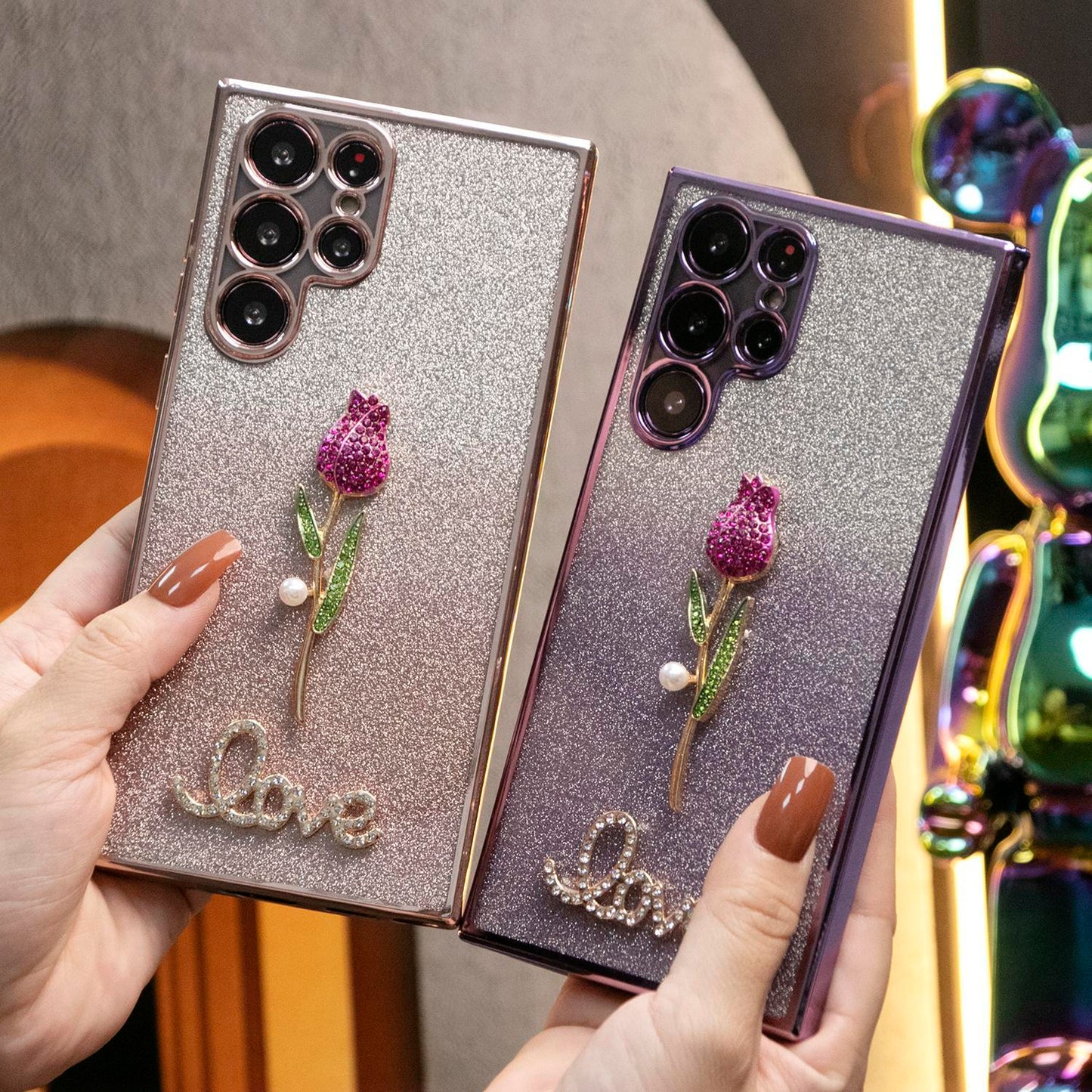 Luxury Diamond Plating Rose Flower Glitter Clear Gradient TPU Plating Shockproof Soft Phone Case For Samsung S24Ultra S24FE S24 S23 S22 S21 FE Plus Ultra