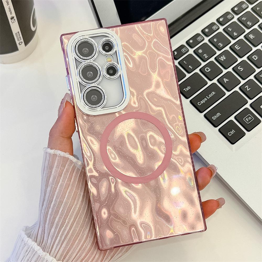 For Samsung S25 S24 S23 A16 A15 A25 A35 A36 A54 A55 A56 Phone Case, Electroplating Magnetic Laser Flow Silk Pattern Acrylic Slim With Glitter Len Protector, Protection Non-Yellowing Hard Cover