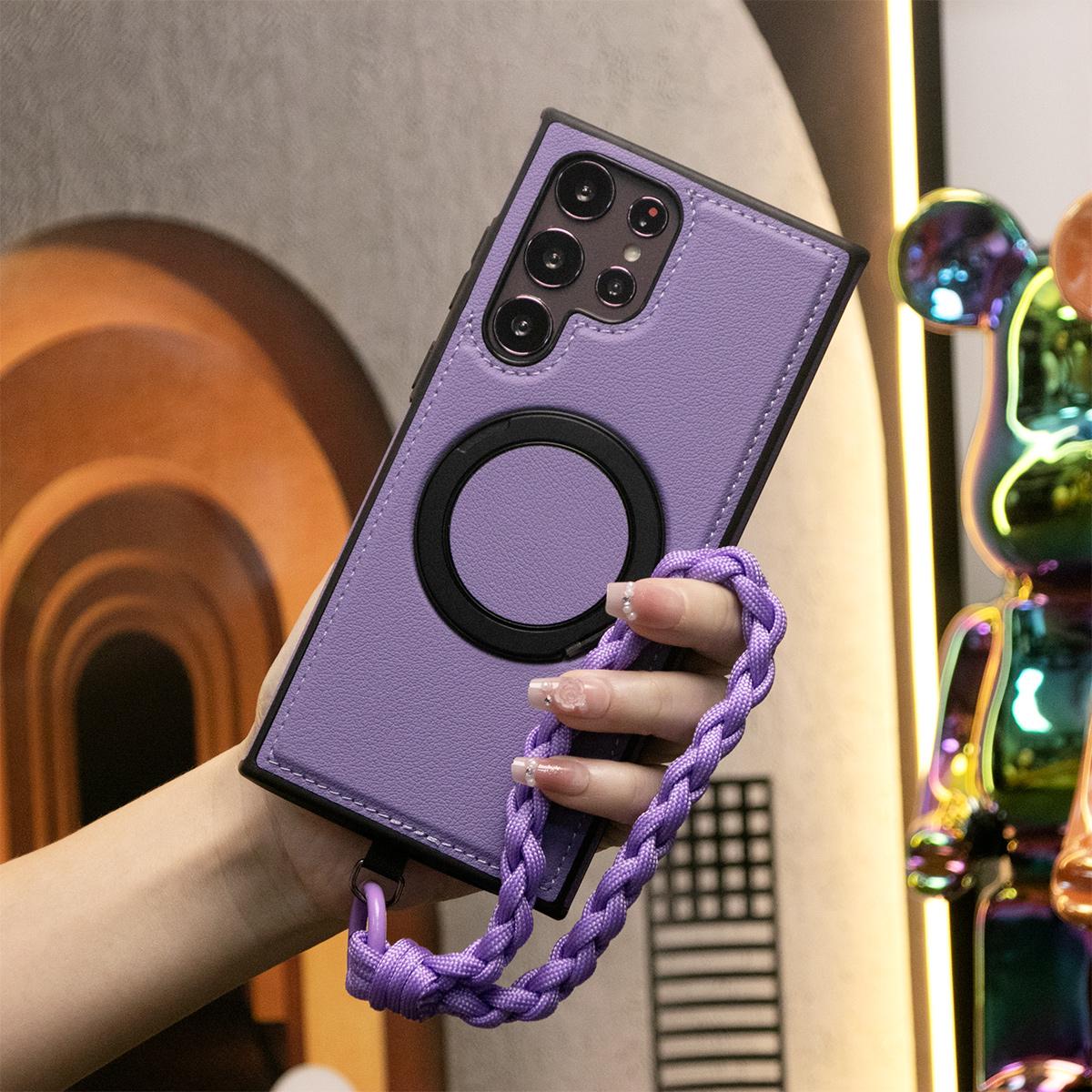 Luxury Full Leather Phone Case With Woven Wristband For Magsafe Samsung S24 Ultra S23 S22 Ultra Plus Magnetic Rotate Metal Holder Stand Back Cover