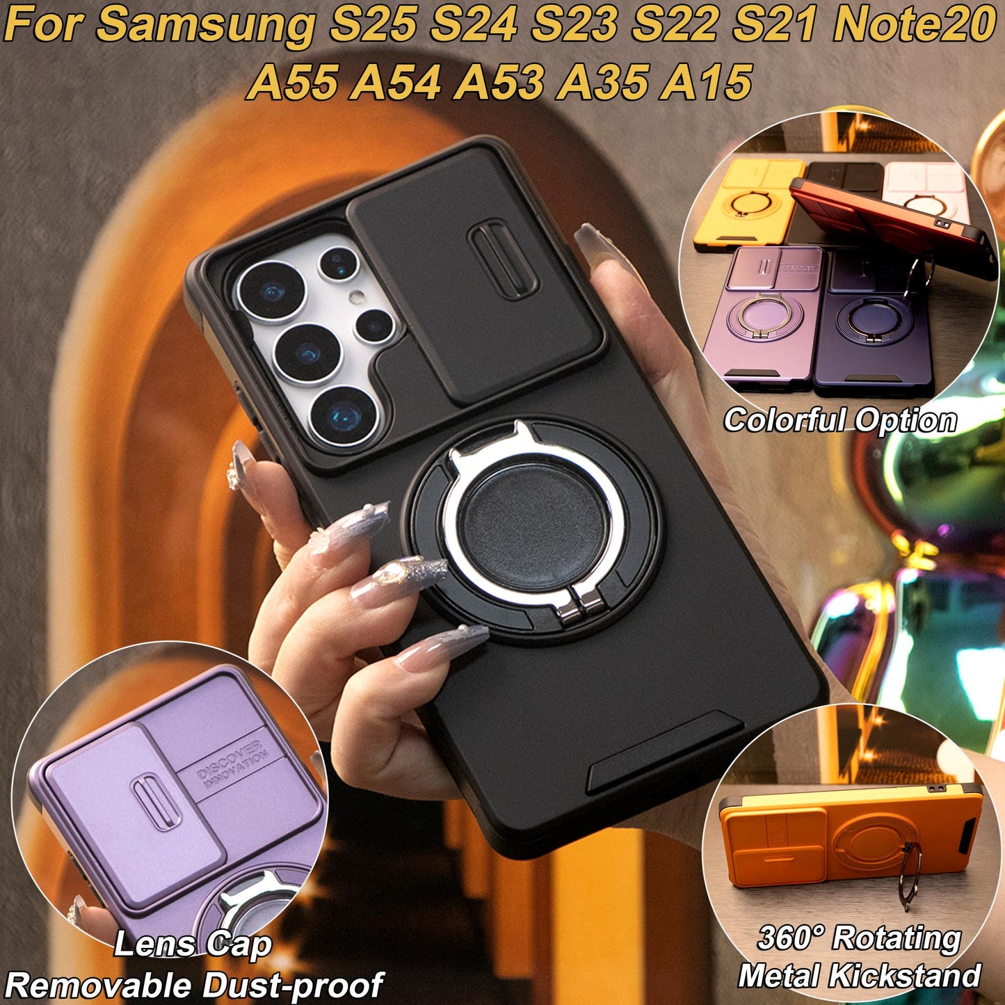 Removable Dust-proof Lens Cap Protection Phone Case 360 Rotating Metal Kickstand For Samsung S25Ultra S24 S23 S22 S21 Note20 A06 A15 A16 A25 A35 A36 A53 A54 A55 Shockproof Cover