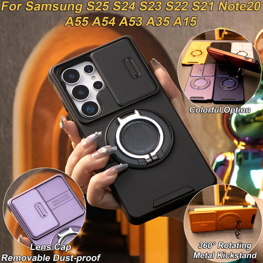 Removable Dust-proof Lens Cap Protection Phone Case 360 Rotating Metal Kickstand For Samsung S25Ultra S24 S23 S22 S21 Note20 A06 A15 A16 A25 A35 A36 A53 A54 A55 Shockproof Cover