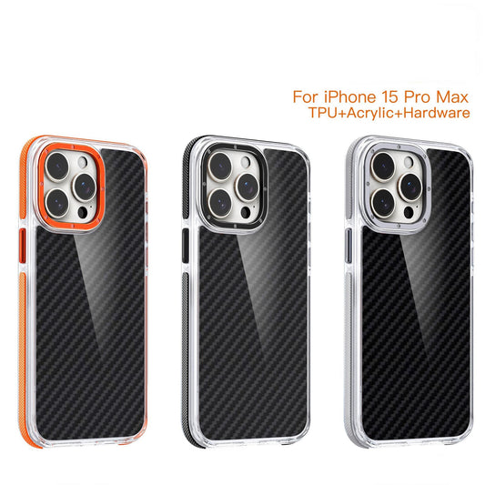 For iPhone 16 15 14 13 12 11 Case, Carbon Fiber Pattern Phone Case, Metal Hardware Camera Protective Acrylic Cover, Clear No Yellow, With Shockproof  Anti-Fall Bumper