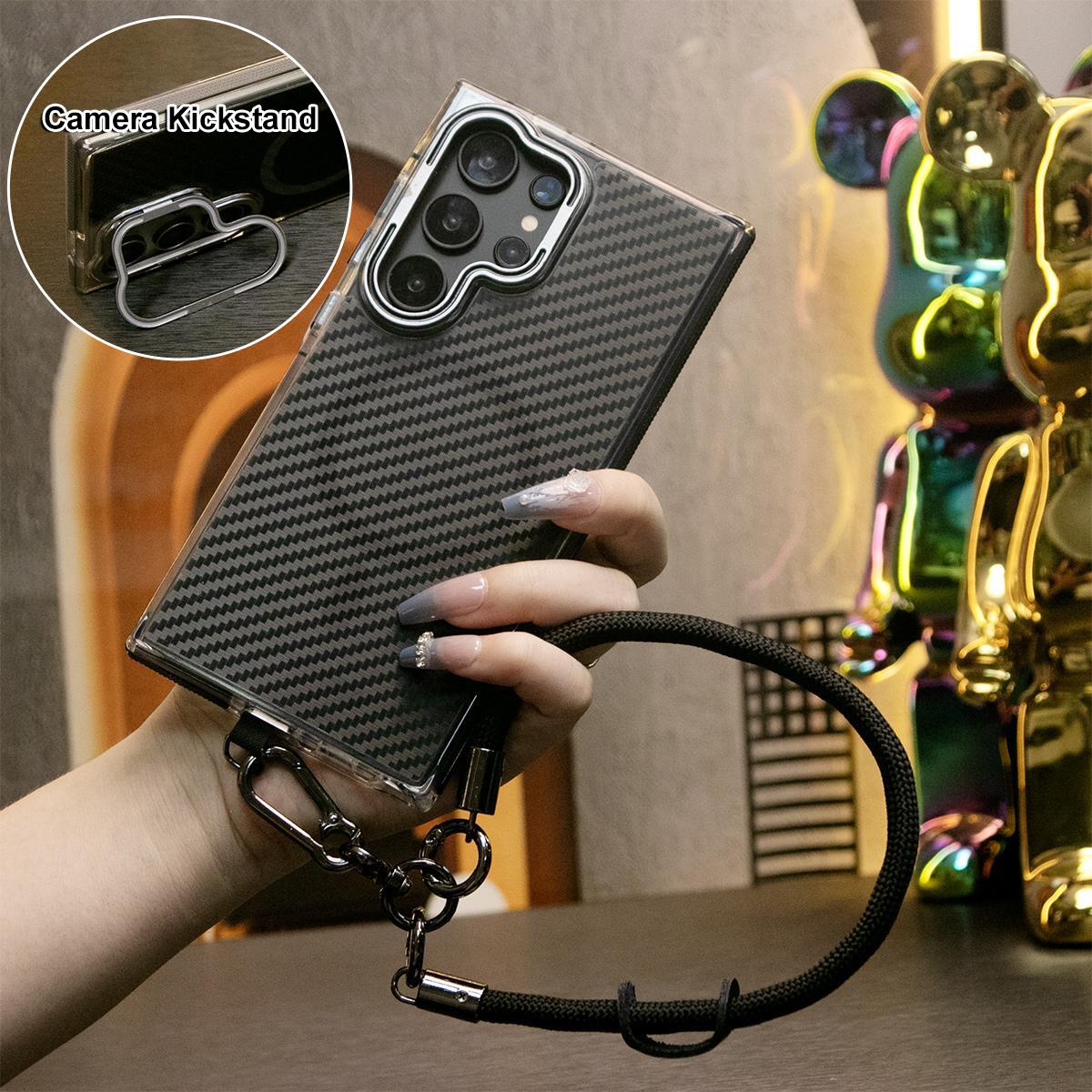 Magnetic Carbon Fiber Pattern Phone Case, Metal Hardware Camera Lens Stand Acrylic Cover, With Multifunctional Climbing Rope, Anti-Fall Bumper For Samsung S24 S23 S21 Ultra FE A14 A15 A24 A25 A35 A54 A55 A05