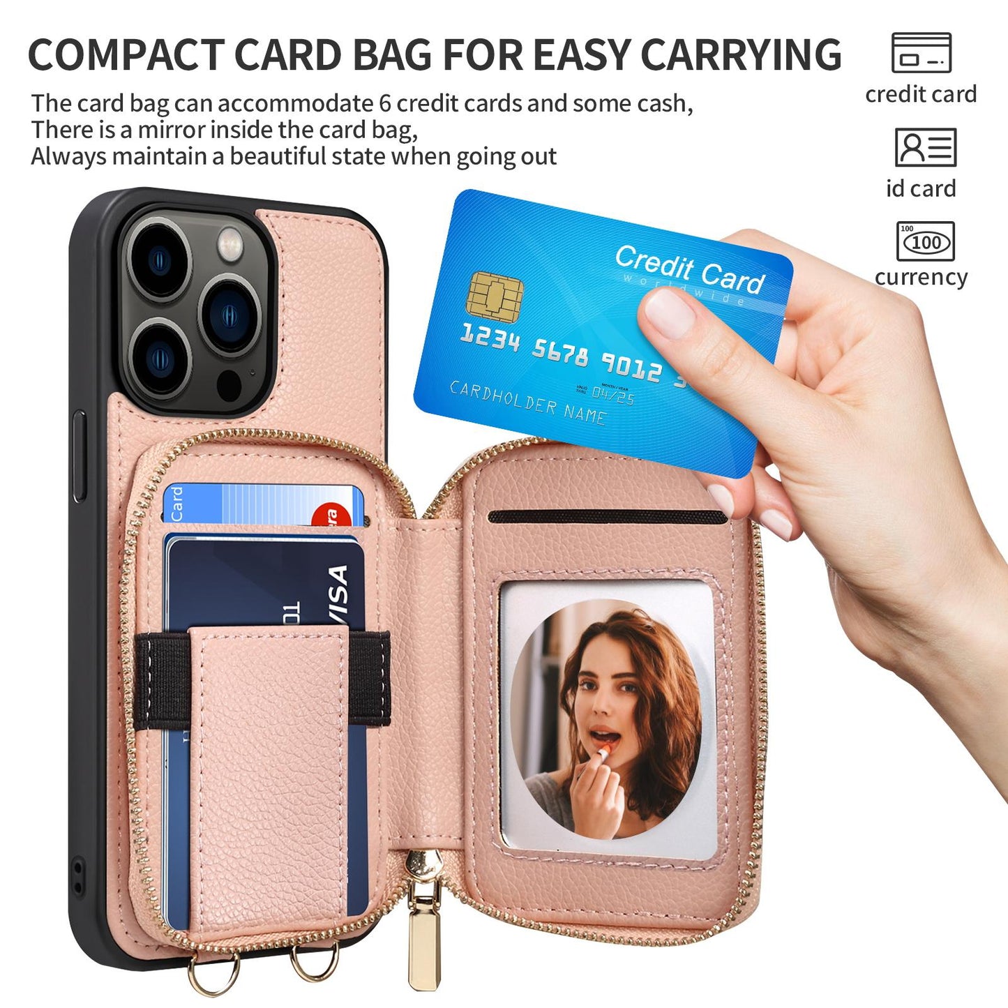 Zipper Crossbody Wallet Phone Case for iPhone 15 14 Plus 13 Pro Max Mirror Metal Chain Lanyard Card Slot Holder Leather Cover