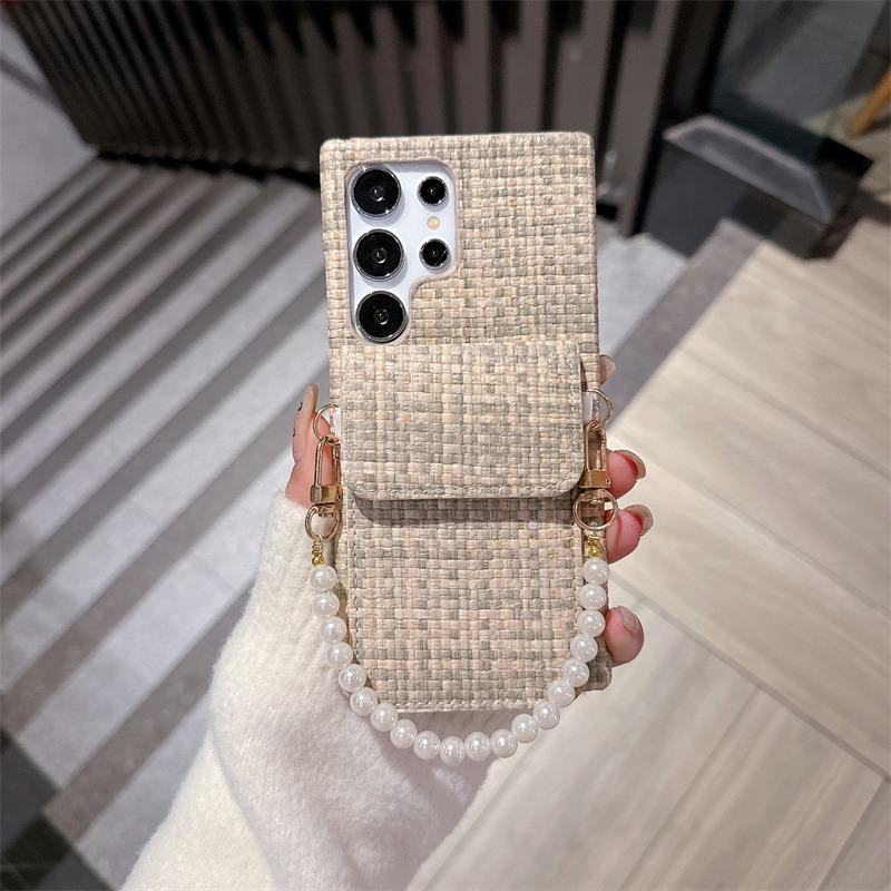 For Samsung S25Ultra S24 S23 S22 Case With Pearl Wristband, Gradient Woven Pattern Fabrics Wallet Shockproof Card Slot Hard Full Cover
