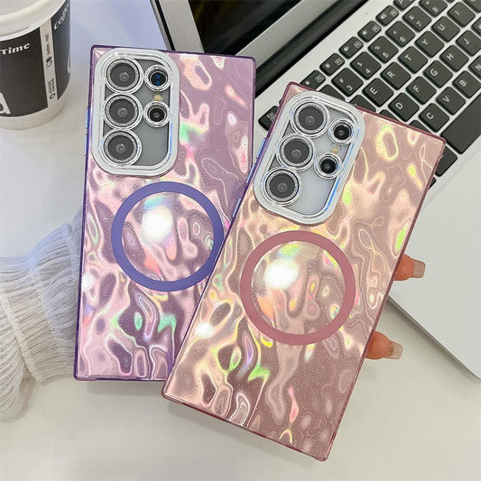 For Samsung S25 S24 S23 A16 A15 A25 A35 A36 A54 A55 A56 Phone Case, Electroplating Magnetic Laser Flow Silk Pattern Acrylic Slim With Glitter Len Protector, Protection Non-Yellowing Hard Cover