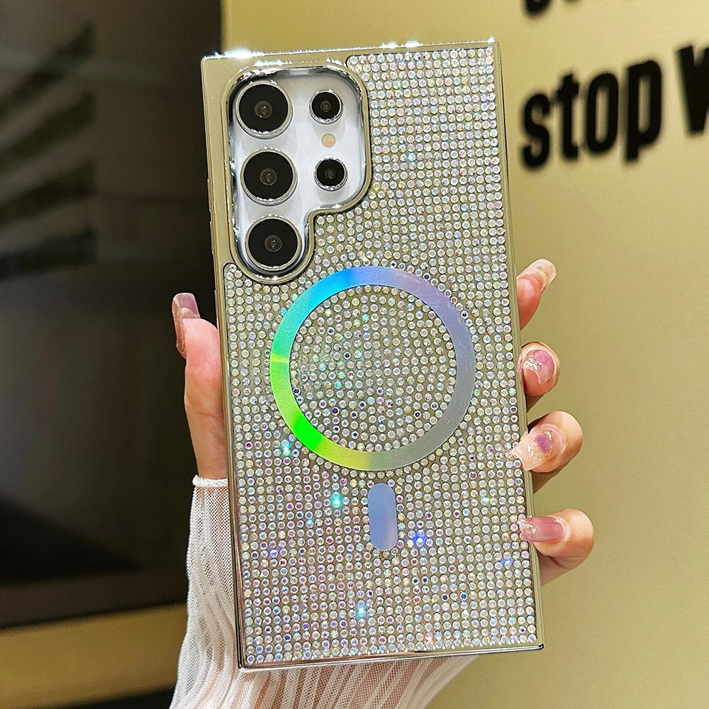 Luxury Glitter Rhinestone Plating Diamonds Magnetic Wireless Charging Phone Case For Samsung S25 S24 S23 Shockproof Protection Soft Bumper Cover