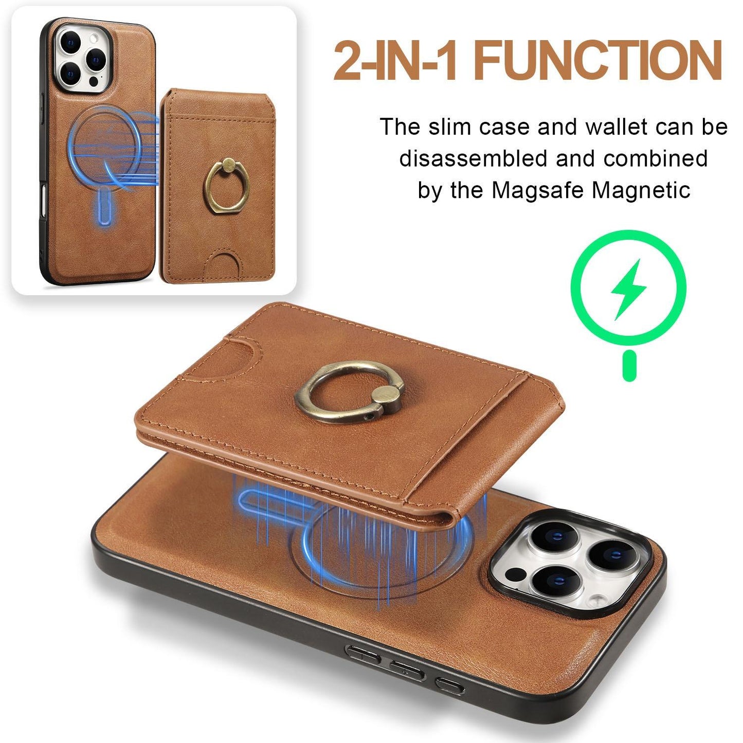 For iPhone 16ProMax 16 15 14 13 12 Leather Phone Case with Strong Magnetic Wallet Ring Stand, Anti-Fall Card Bag Kickstand for Magsafe Shockproof Business Hard Full Cover