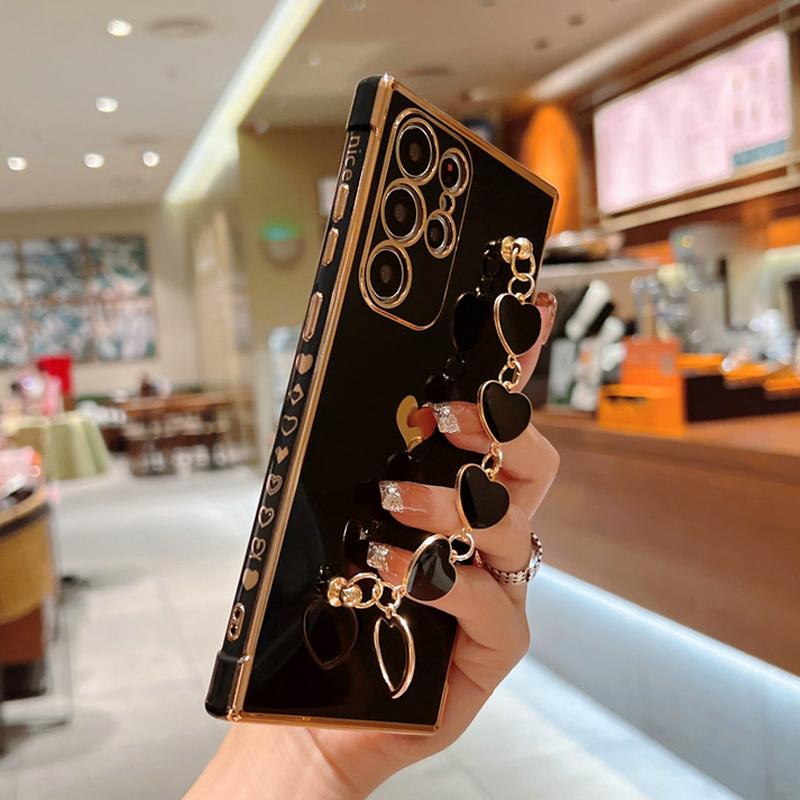 Plating Love Heart Bracelet Case For Samsung S23 S22 S21 Ultra A52 A53 A54 A23 A12 Soft Cover